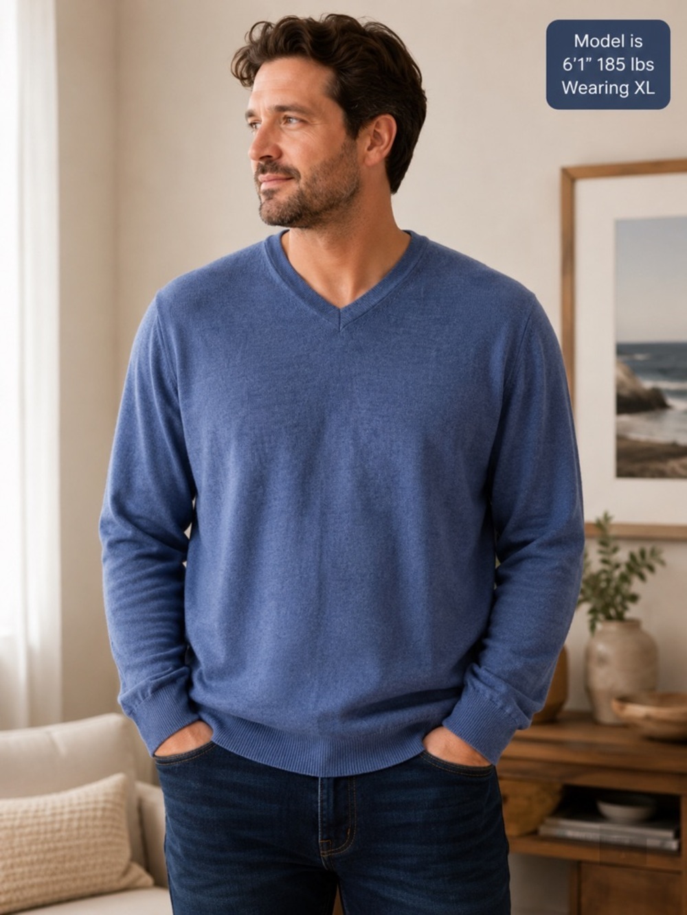 BRITCHES Merino Wool V-Neck Sweater XL Dusty Blue Lightweight Knit